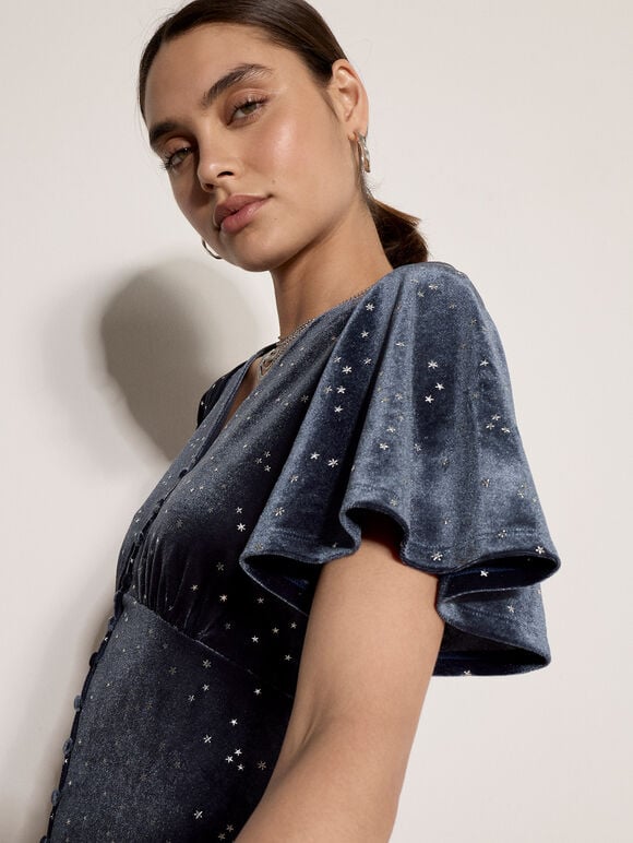Silver Foil Star Velvet Mini Dress, Dark Grey/Charcoal, large