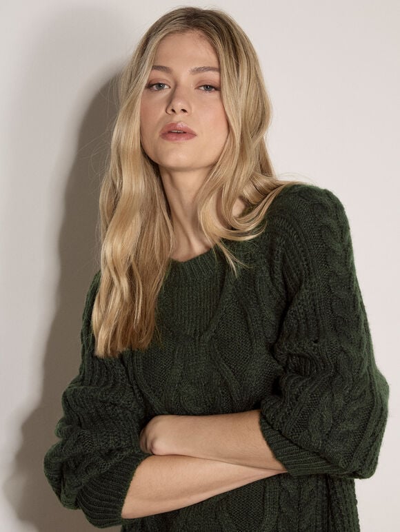 Cable Knit Jumper Mini Dress, Green, large