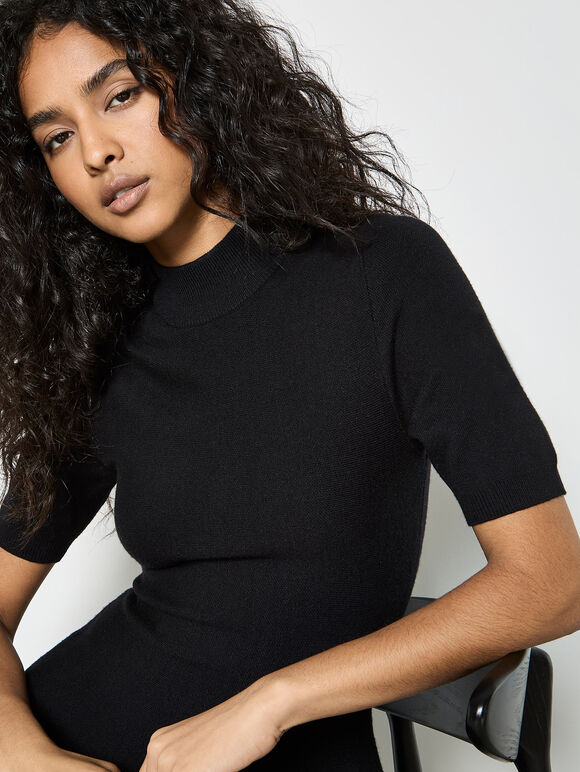 Fit And Flare Ribbed Knit Mini Dress, Black, large
