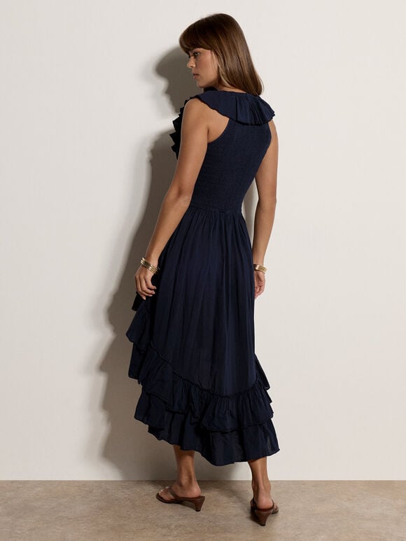 Cotton High-Low Ruffle Midi Dress, Navy, large