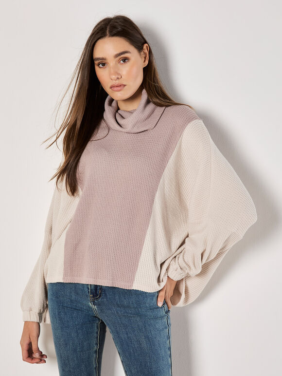 Colour Block Cowl Neck Top, Stone, large