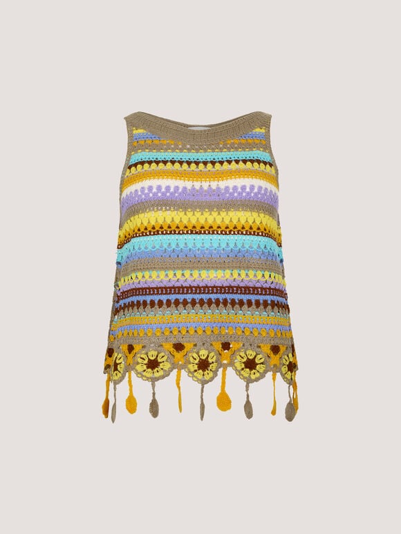 Colourful Stripe Tassel Crochet Top, Brown, large
