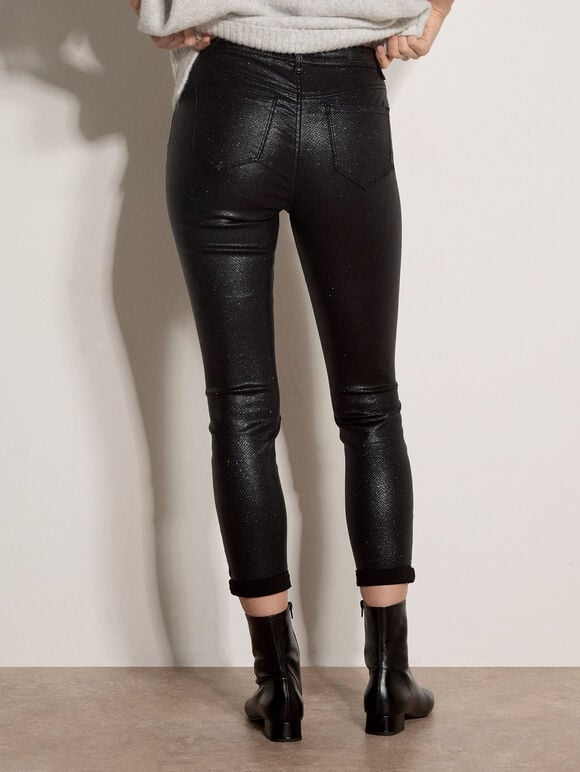 Glitter Snakeskin Skinny-Fit Jeans, Black, large
