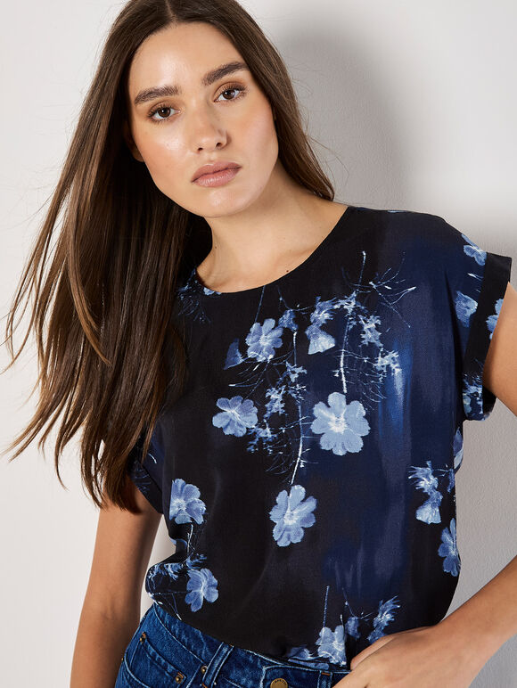 Floral Print Woven T-Shirt, Navy, large