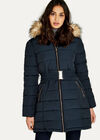 Longline Faux Fur Hood Puffer Jacket, Navy, large
