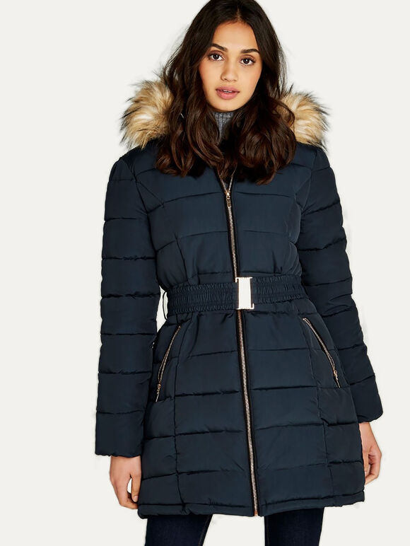 Longline Faux Fur Hood Puffer Jacket, Navy, large
