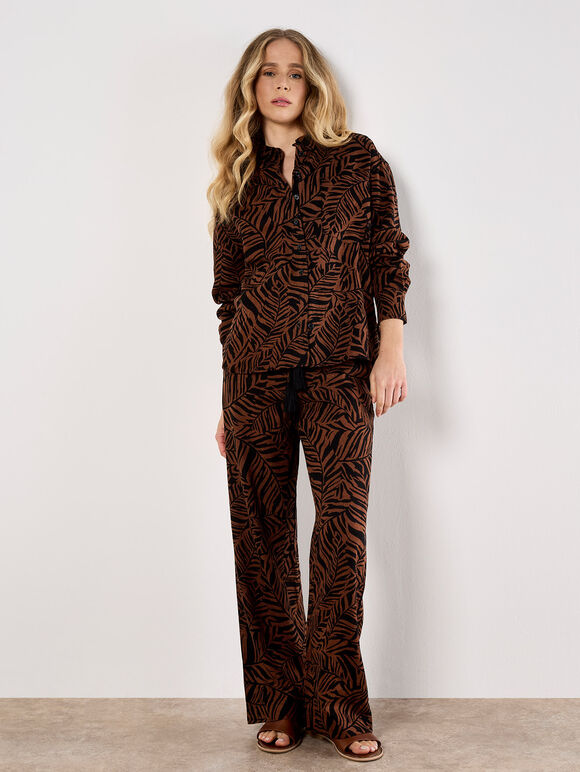 Linen Mix Leaf Print Shirt, Brown, large