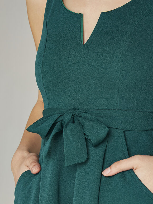 V Detail Two Pocket Skater Dress, Green, large