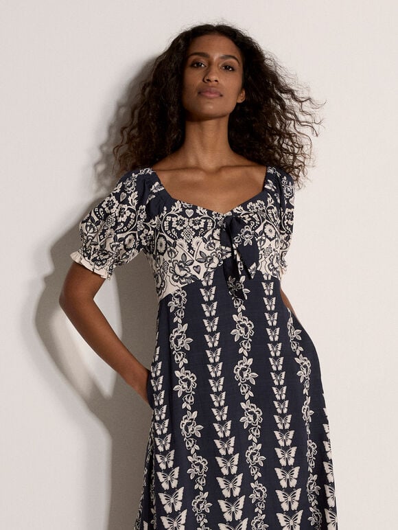 Butterfly Border Print Midi Dress, Navy, large