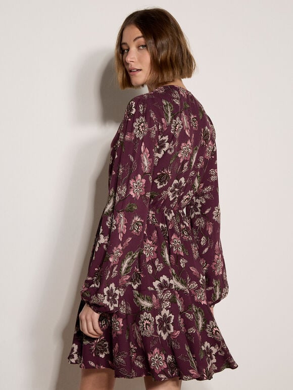 Floral Ruffle Mini Dress, Burgundy, large