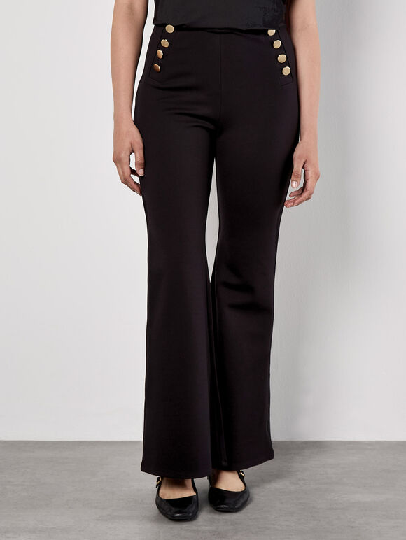Button Detail Stretch Flare Trousers, Black, large