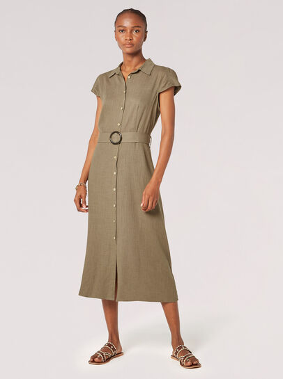 Linen Blend Belted Shirt Midi Dress