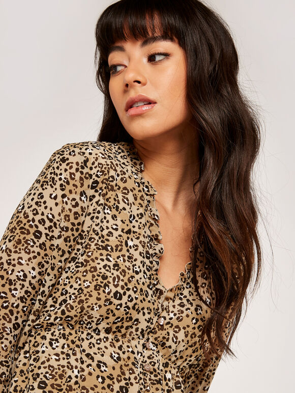 Leopard Drop Waist Ruffle Dress, Stone, large