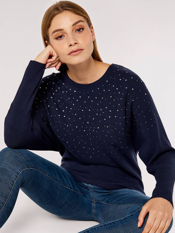 Heatsealed Spray Batwing Jumper, Navy, large