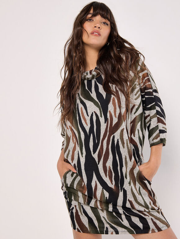 Zebra Soft Touch Cocoon Mini Dress, Rust, large