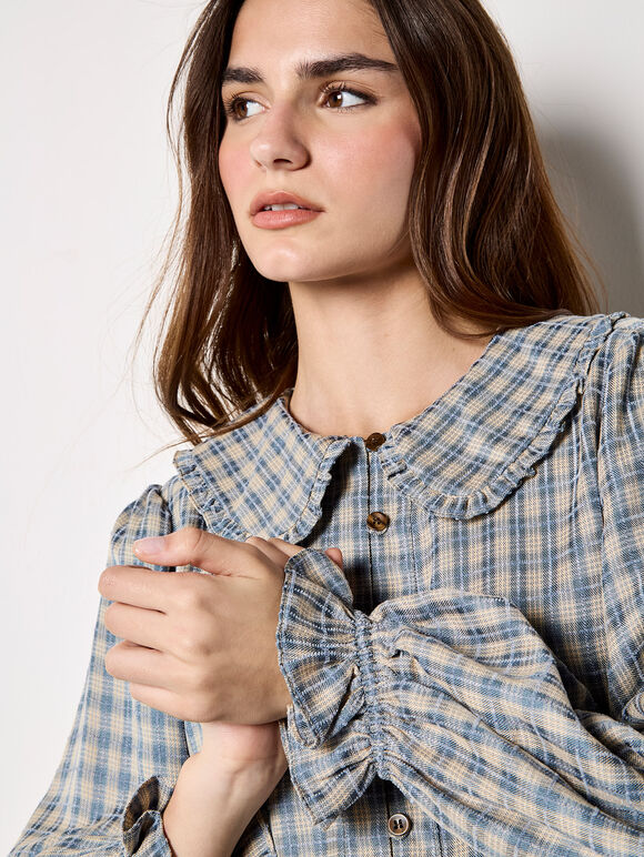 Chenille Check Ruffle Collar Shirt, Blue, large