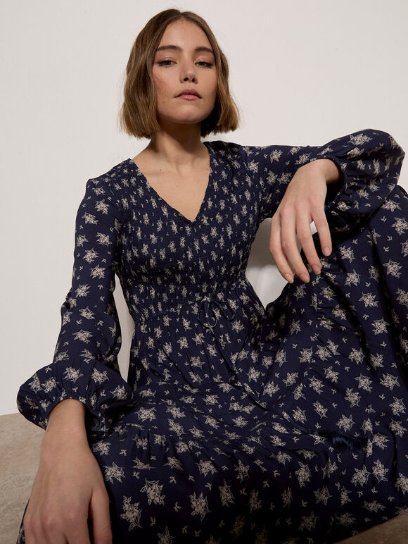 Smocked Floral Midi Dress, Navy, large