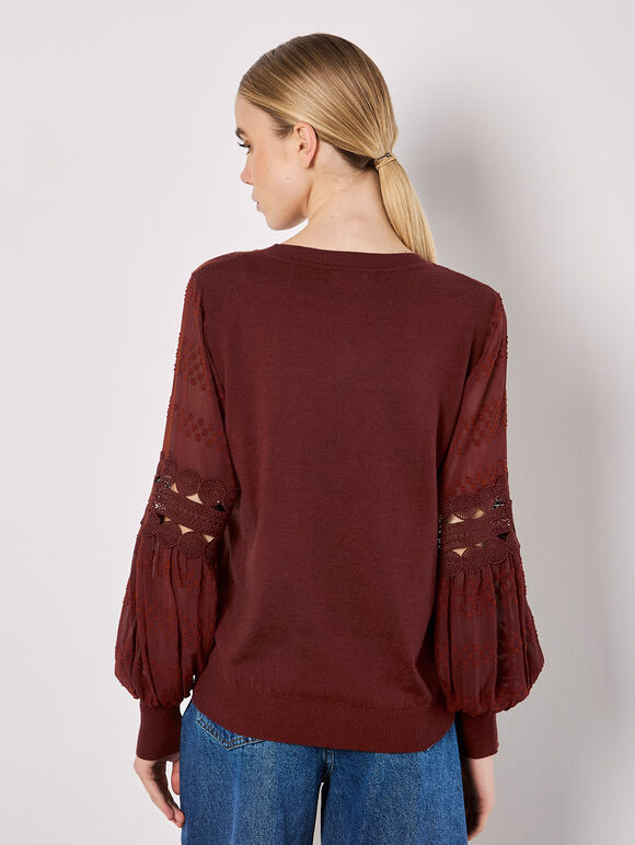 Contrast Chiffon Sleeves Jumper, Burgundy, large