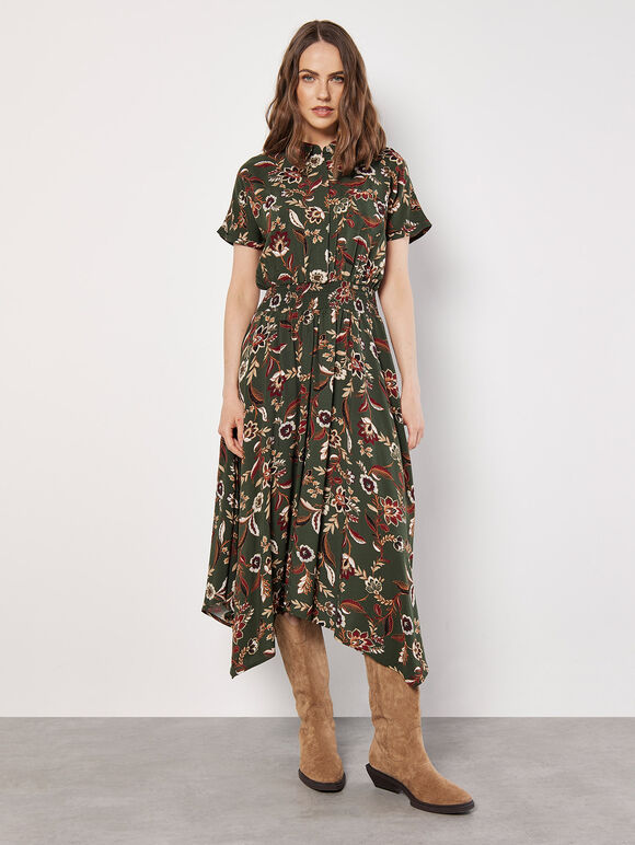Sarasa Floral Shirt Midi Dress, Khaki, large