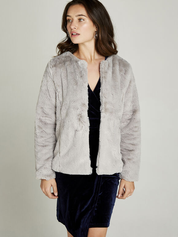 Faux Fur Short Crop Jacket, Light Grey / Silver, large