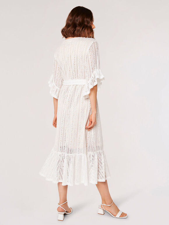 Lace Ruffle Wrap Midi Dress, Cream, large