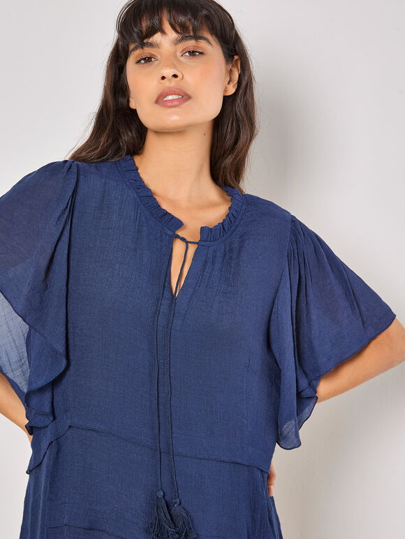 Ruffle Tiered Tunic Top, Navy, large
