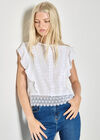 Ruffle Embroidered Cotton Top, White, large