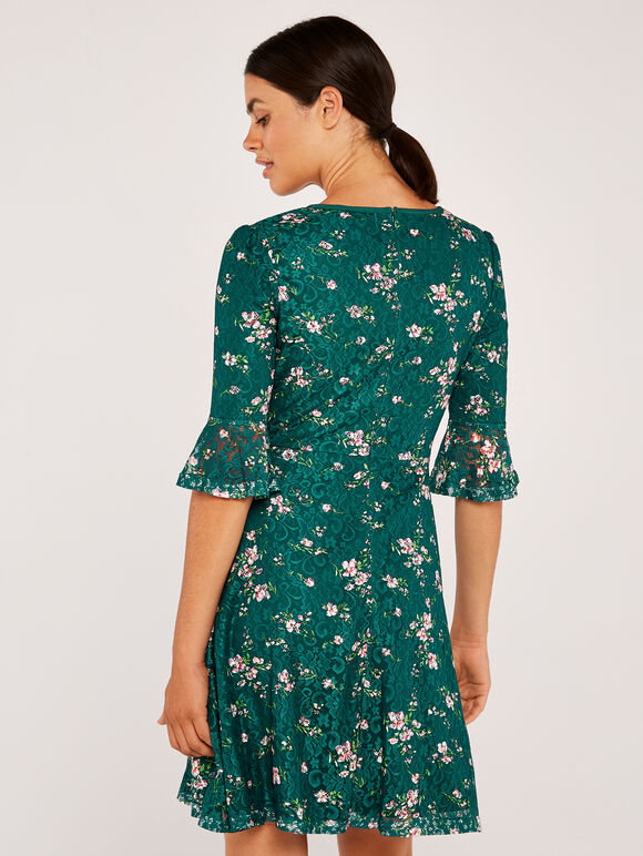  Blossom Lace Bell Sleeve Skater Dress, Green, large
