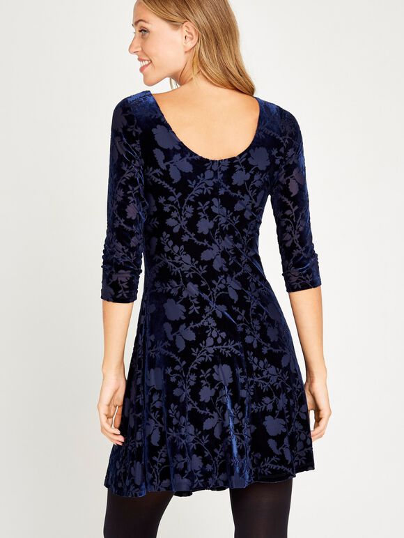 Floral Devore Skater Dress, Navy, large