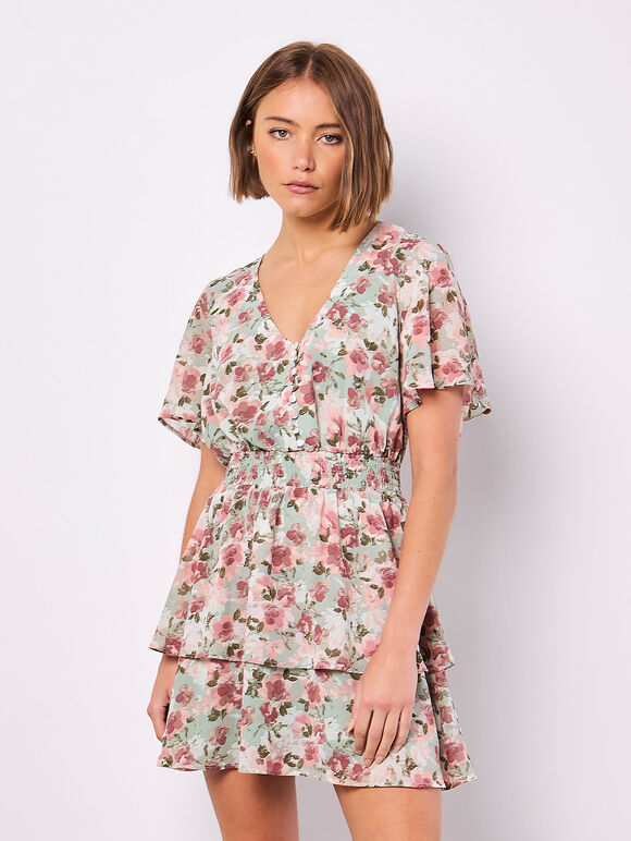 Watercolour Floral Chiffon Mini Dress, Mint, large