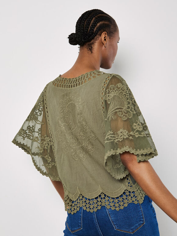 Embroidered Cotton Mesh Top, Khaki, large