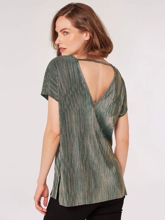 Metallic Plisse V-Back Top, Green, large