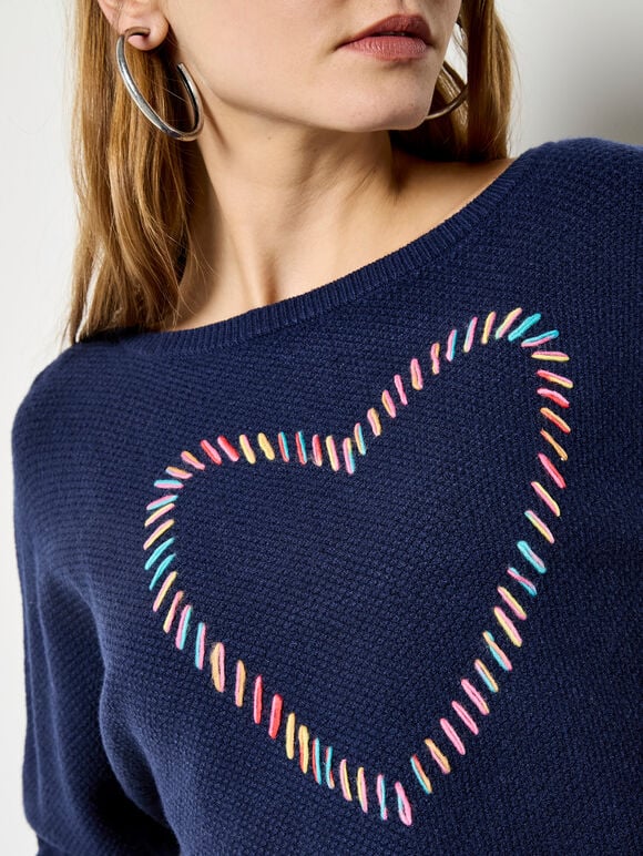 Colourful Stitched Heart Jumper, Navy, large