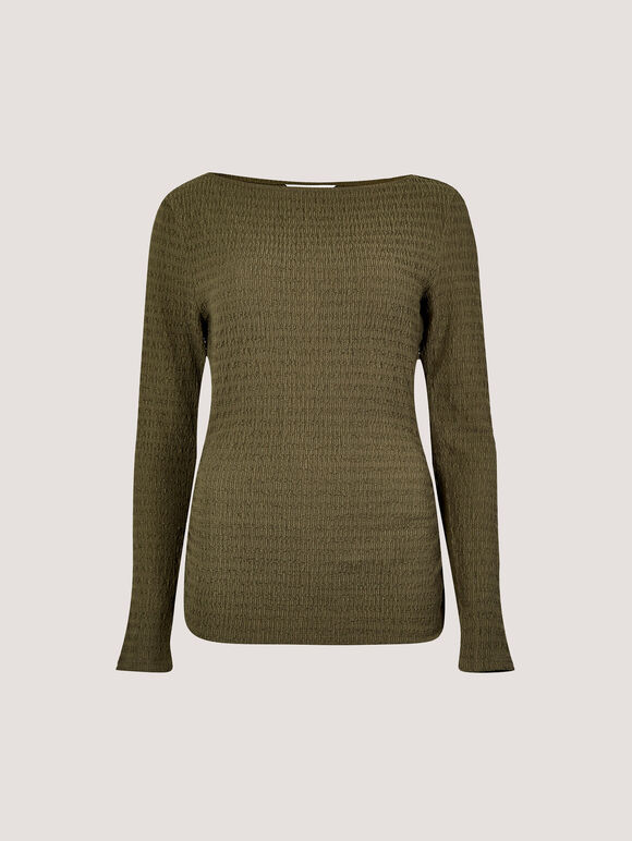 Side Ruched Textured Jersey Top, Khaki, large