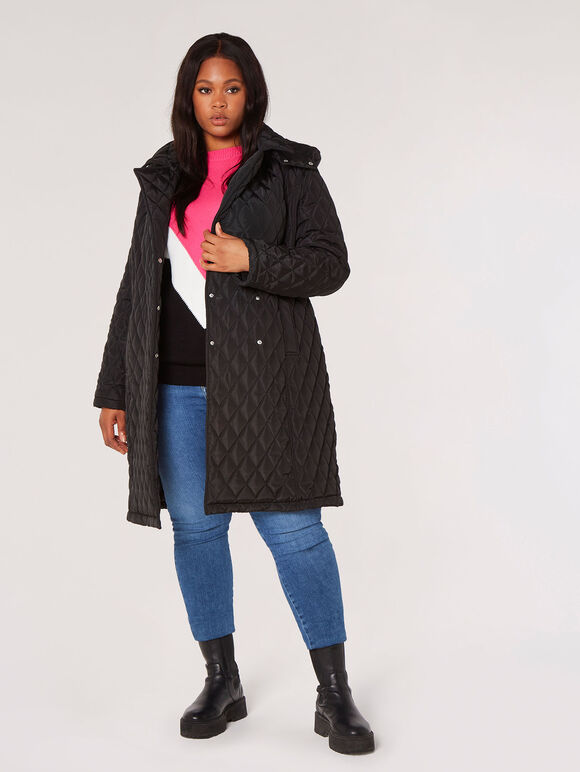 Curve Belted Quilted Parker Coat, Black, large