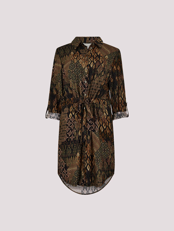Patchwork Ikat Shirt Mini Dress, Black, large