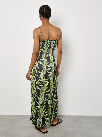Tropical Leaf Satin Maxi Dress