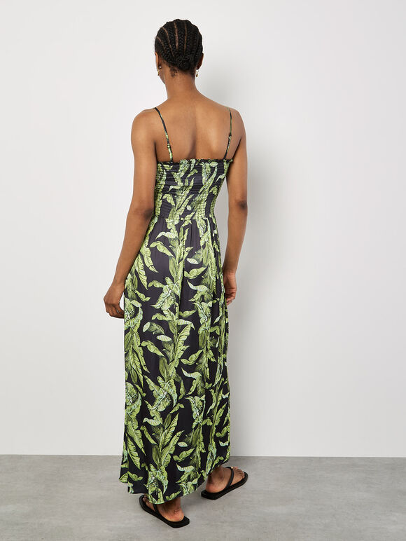 Tropical Leaf Satin Maxi Dress, Black, large