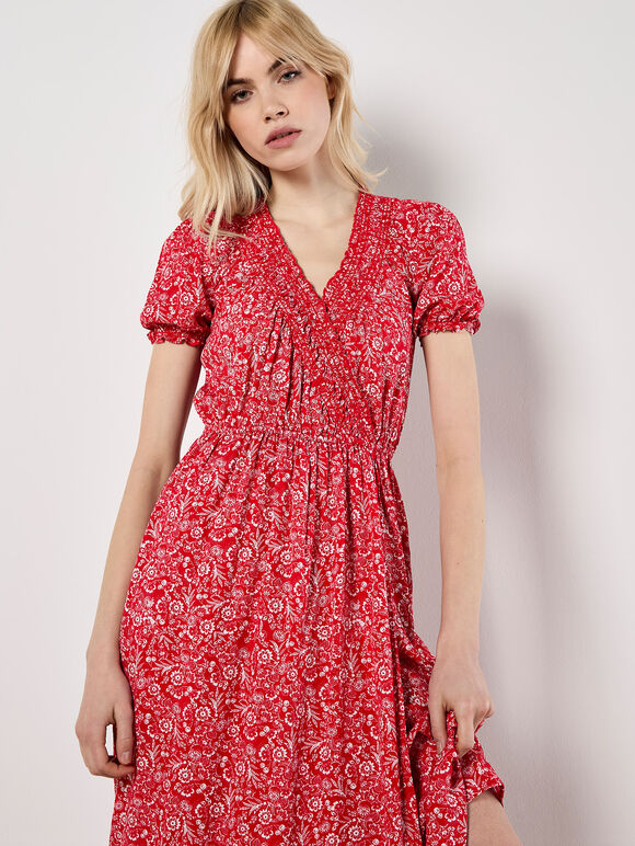 Floral Fruit Wrap Midi Dress, Red, large