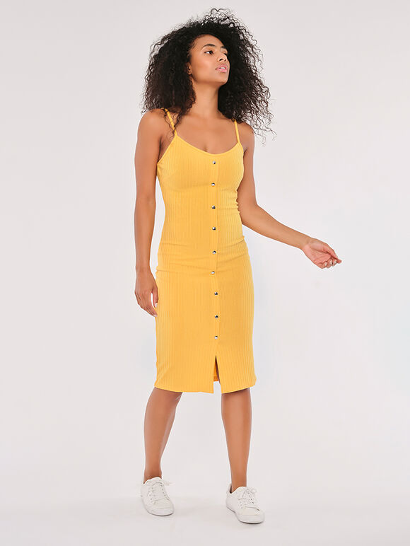 Ribbed Cami Midi Dress, Mustard, large