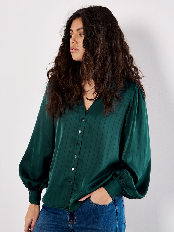 Satin Self-Stripe Blouse, Green, large