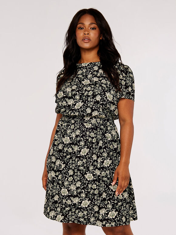 Curve Floral Mini Dress, Black, large