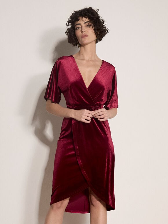 Velvet Wrap Mini Dress, Burgundy, large