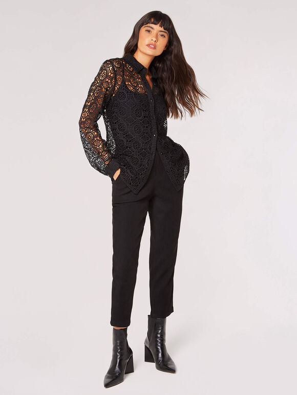 Geometric Guipure Lace Shirt, Black, large