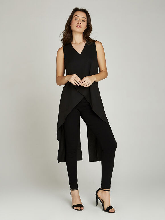 Black V Neck Hem Top, Black, large