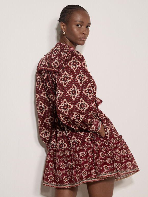 Tile Print Shift Mini Dress, Burgundy, large