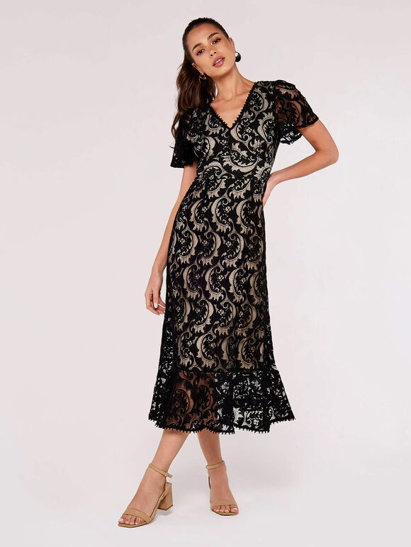 Lace Ruffle Midi Dress, Black, large