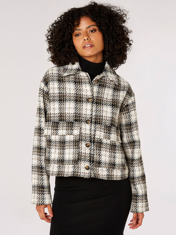 Woven Textured Check Cropped Shacket, Brown, large