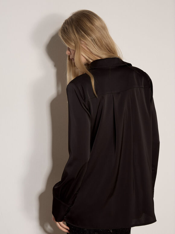 Oversized Satin Shirt, Black, large