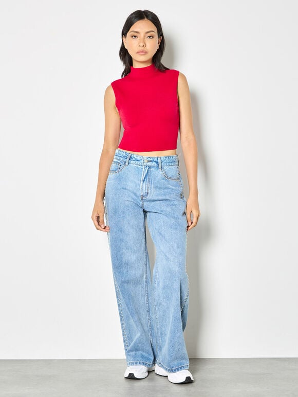 High Neck Knitted Crop Top, Red, large